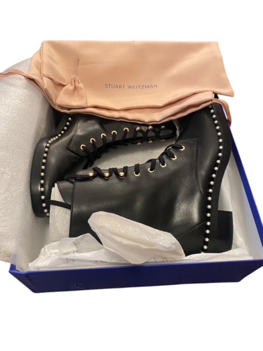 NIB Stuart Weitzman Sondra Black Leather Pearl Combat Boots 8.5B With Dustbag
